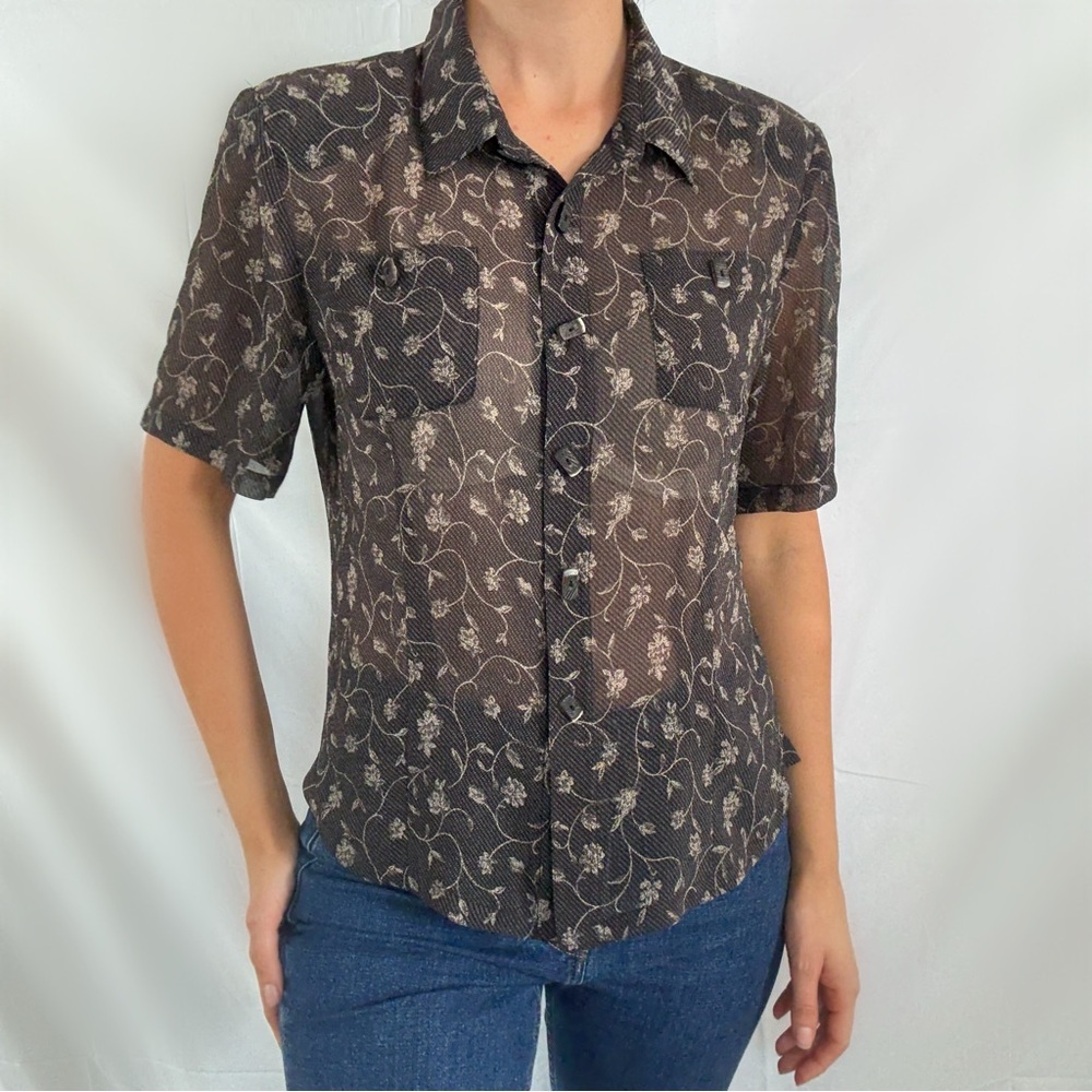 Vintage black gray collared button up short sleeve blouse top women’s medium - Picture 2 of 6